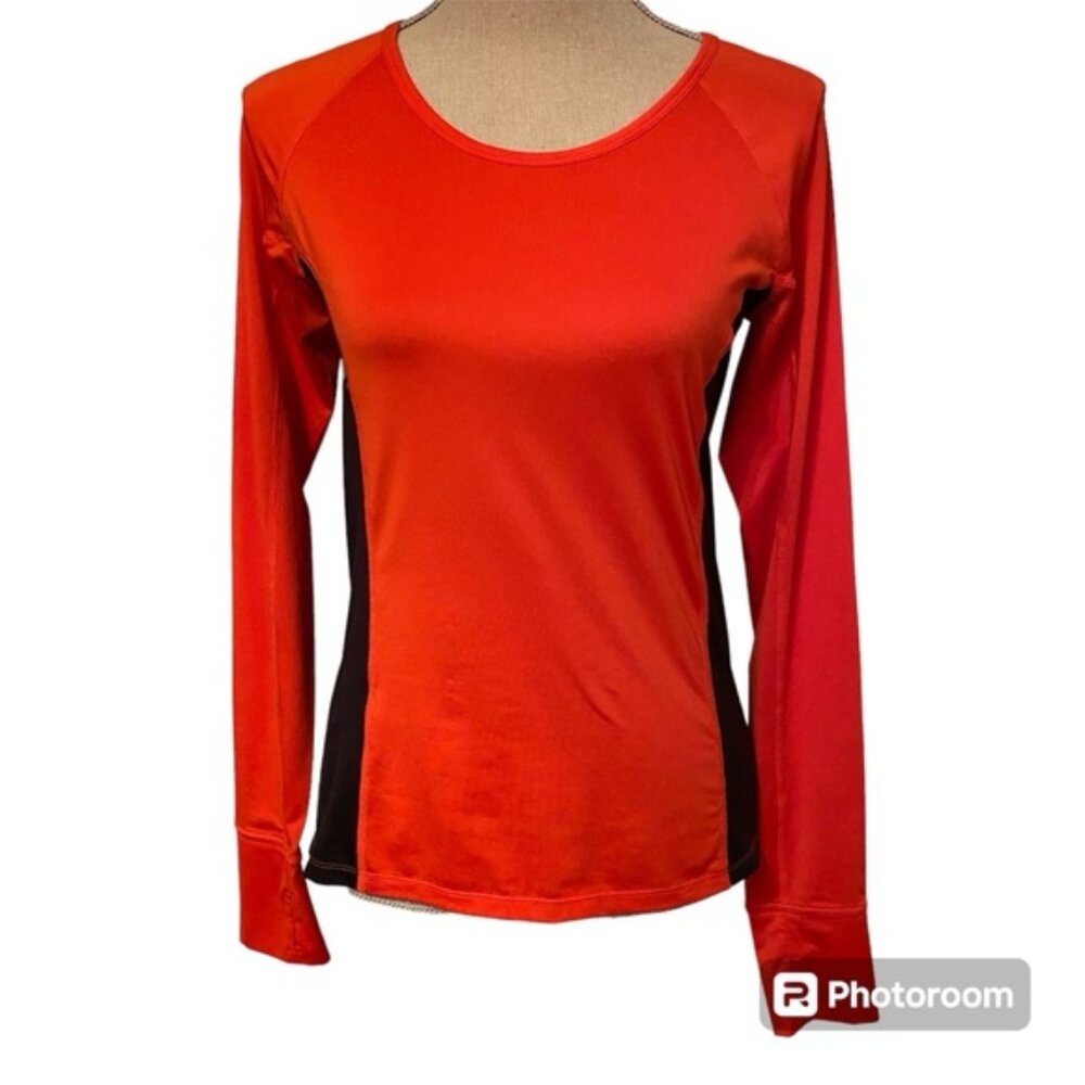 NOBLE EQUINE TOP TEE LONG SLEEVE ORANGE BLACK STRETCH POLY CREWNECK SIZE S